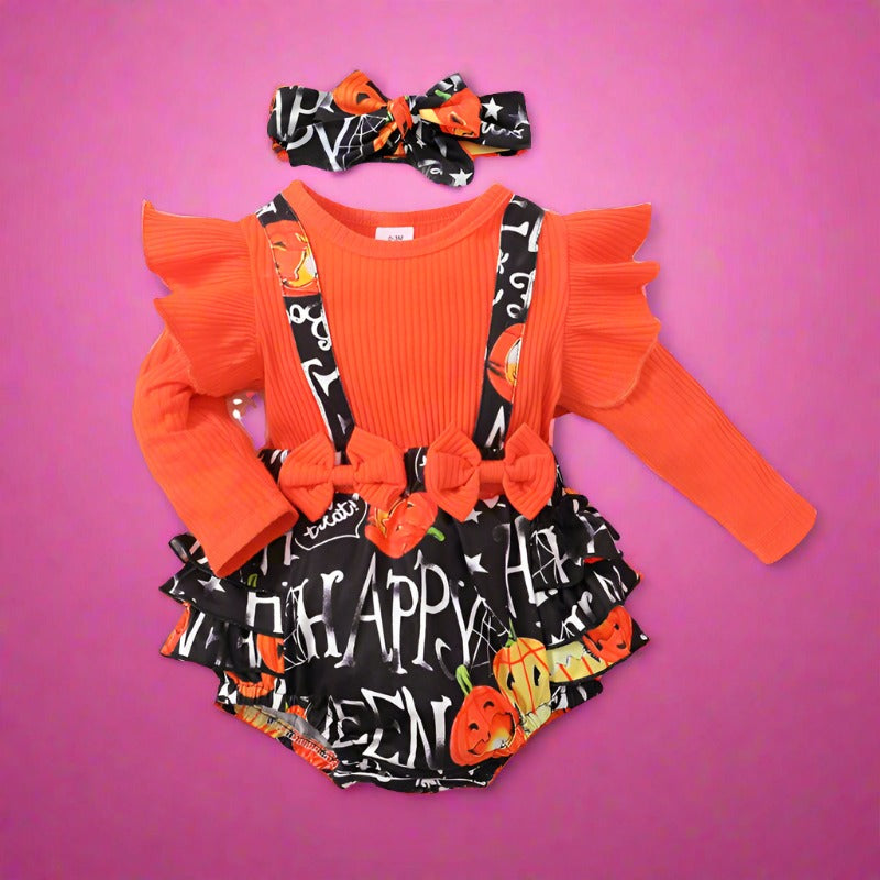 Baby Girls Muslin&Ribbed Print Halloween Rompers