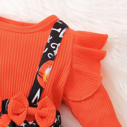 Baby Girls Muslin&Ribbed Print Halloween Rompers