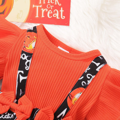 Baby Girls Muslin&Ribbed Print Halloween Rompers
