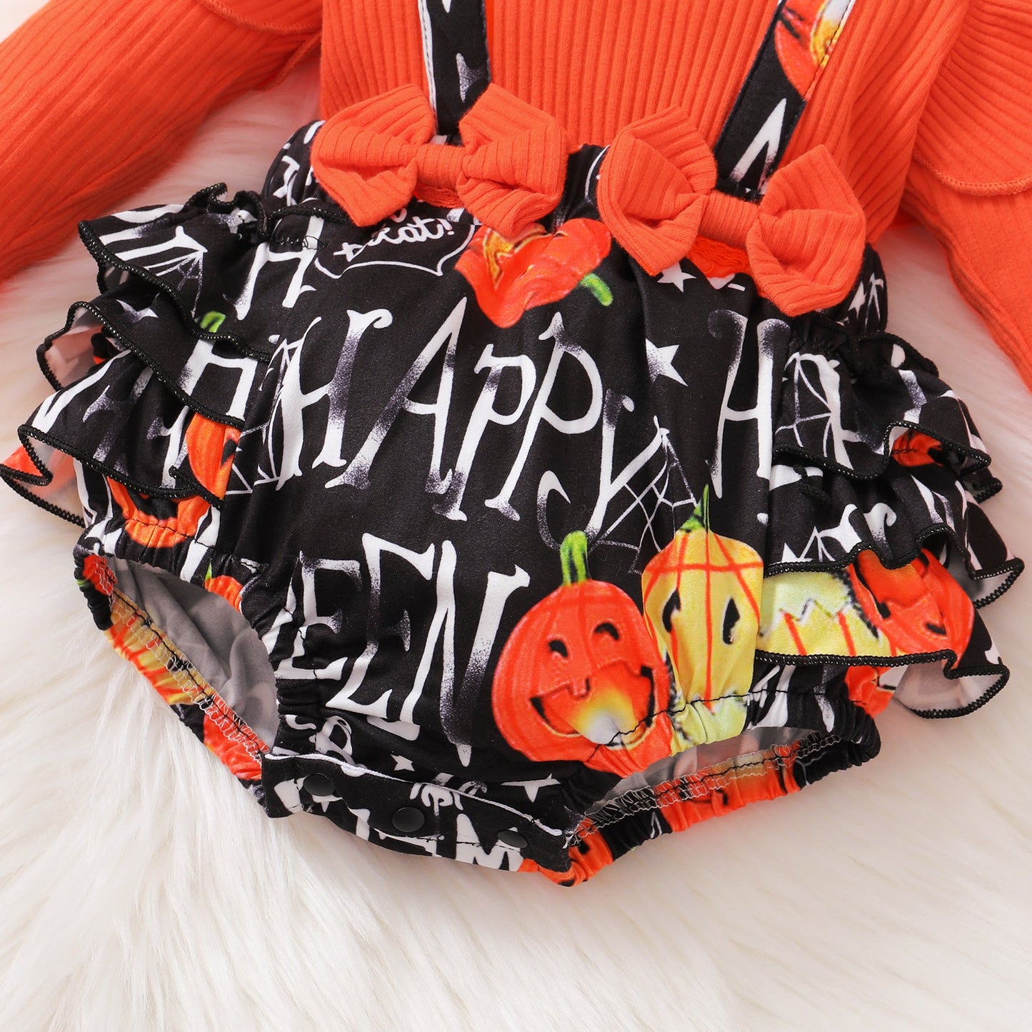 Baby Girls Muslin&Ribbed Print Halloween Rompers