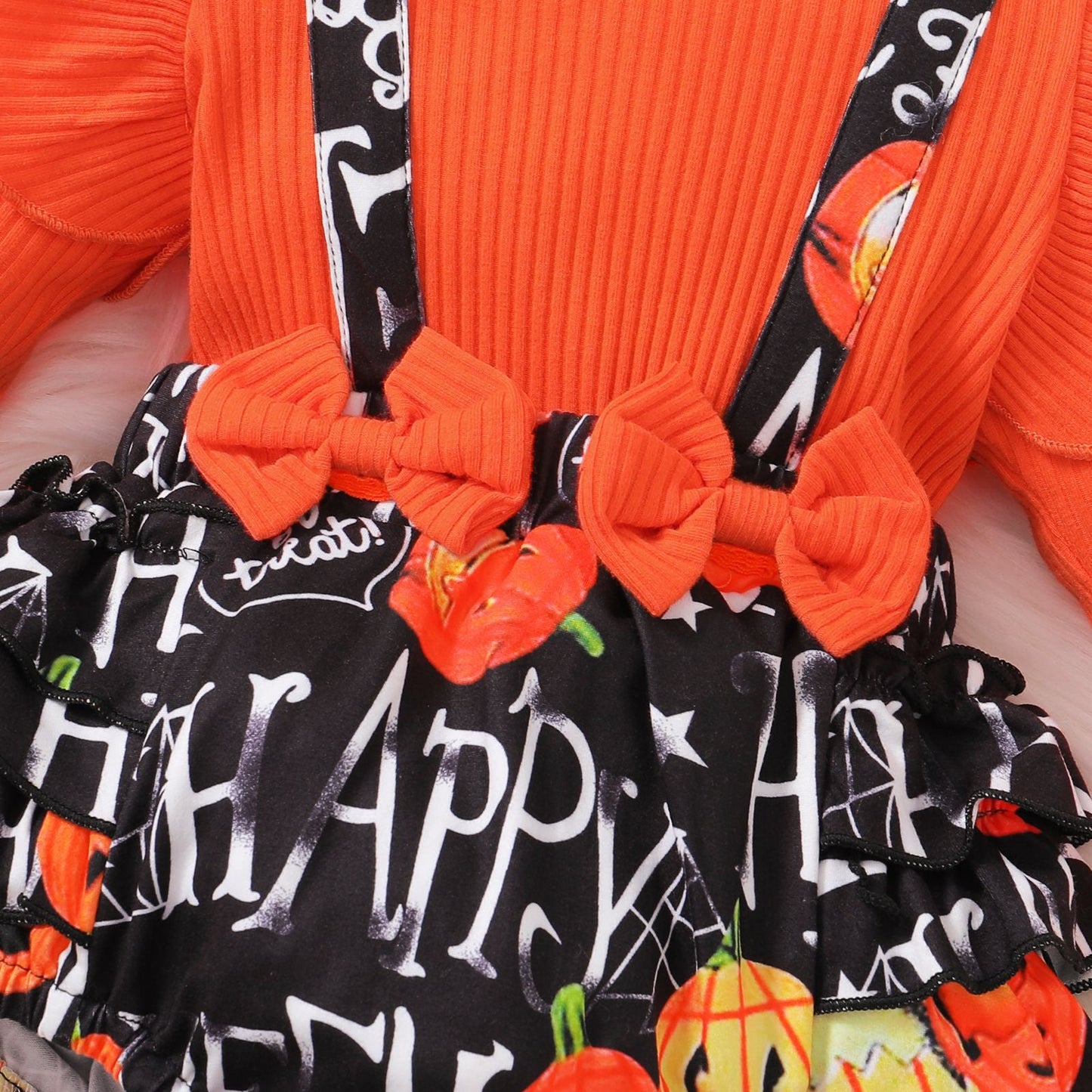 Baby Girls Muslin&Ribbed Print Halloween Rompers