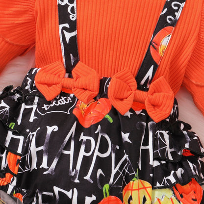 Baby Girls Muslin&Ribbed Print Halloween Rompers
