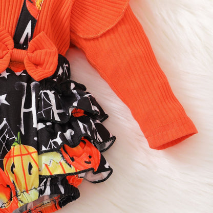Baby Girls Muslin&Ribbed Print Halloween Rompers