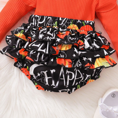 Baby Girls Muslin&Ribbed Print Halloween Rompers