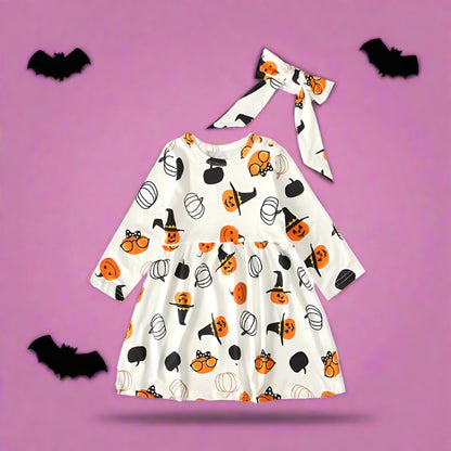 Baby Kid Girls Cartoon Expression Print Halloween Dresses