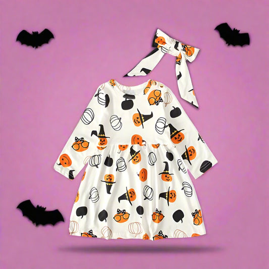 Baby Kid Girls Cartoon Expression Print Halloween Dresses