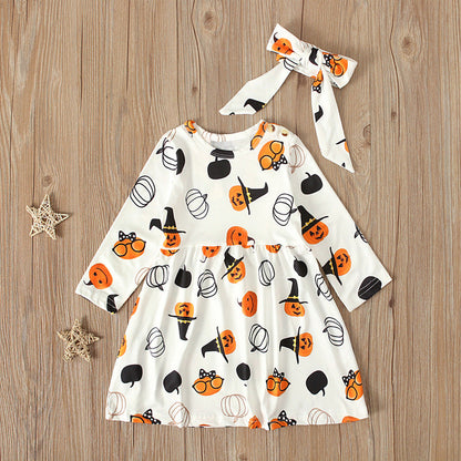 Baby Kid Girls Cartoon Expression Print Halloween Dresses