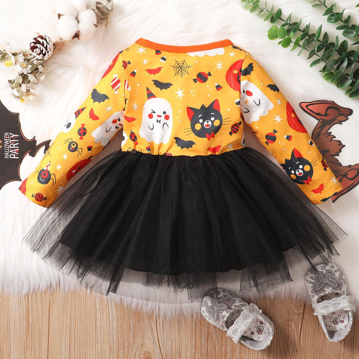 Baby Kid Girls Color-blocking Cartoon Lace Print Halloween Dresses Wholesale 221101372