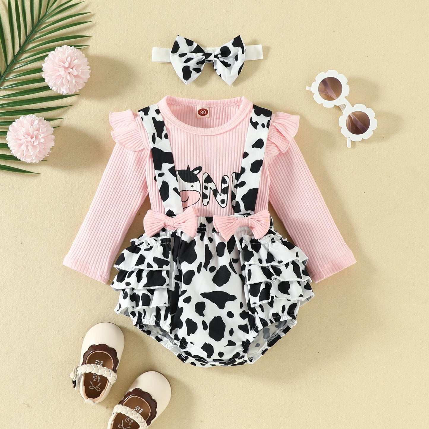 3 Pieces Set Girls Tops And Cow Rompers And Bow Headwear