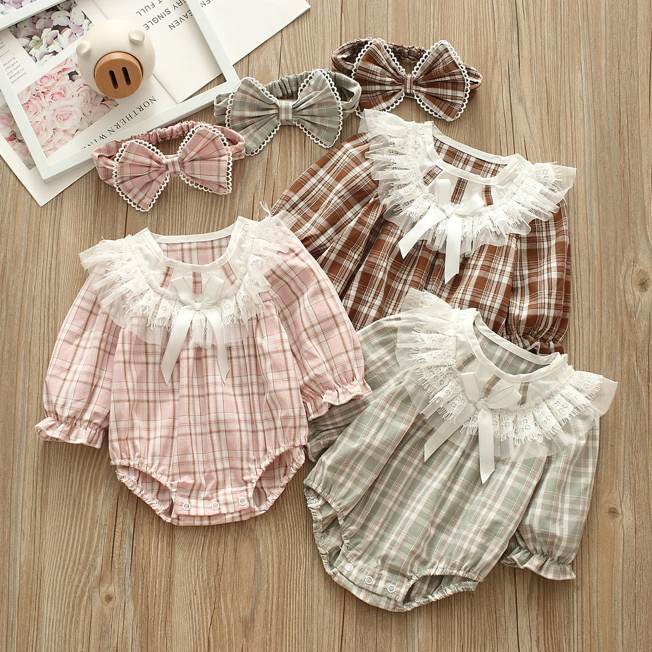 Baby Girls Checked Bow Lace Rompers Accessories Headwear