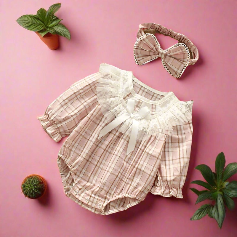 Baby Girls Checked Bow Lace Rompers Accessories Headwear