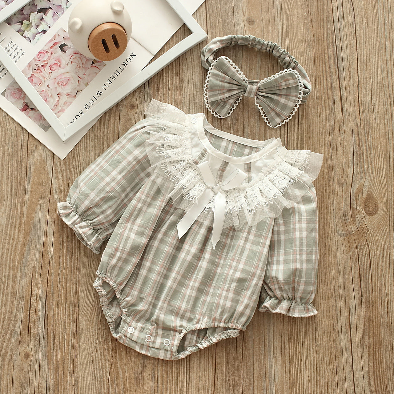 Baby Girls Checked Bow Lace Rompers Accessories Headwear
