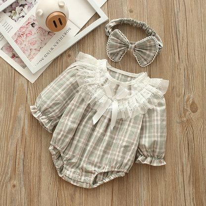 Baby Girls Checked Bow Lace Rompers Accessories Headwear
