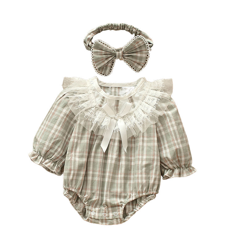 Baby Girls Checked Bow Lace Rompers Accessories Headwear