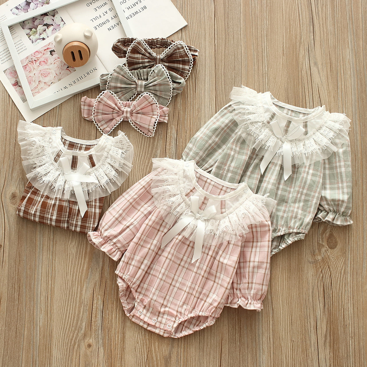 Baby Girls Checked Bow Lace Rompers Accessories Headwear