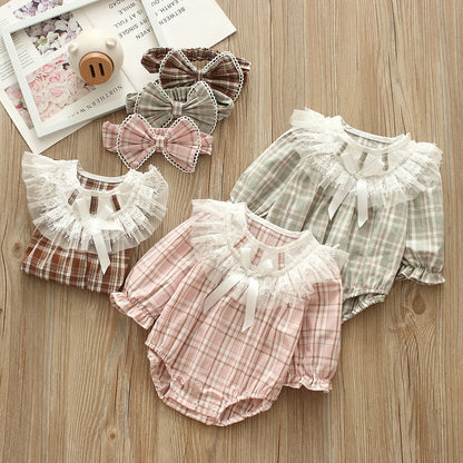 Baby Girls Checked Bow Lace Rompers Accessories Headwear