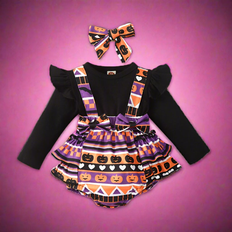 Baby Girls Striped Cartoon Print Halloween Rompers