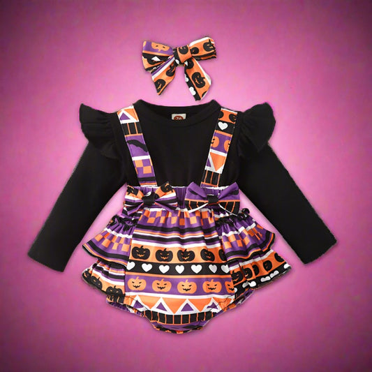 Baby Girls Striped Cartoon Print Halloween Rompers