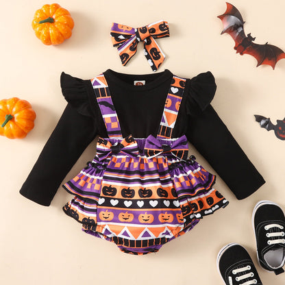 Baby Girls Striped Cartoon Print Halloween Rompers