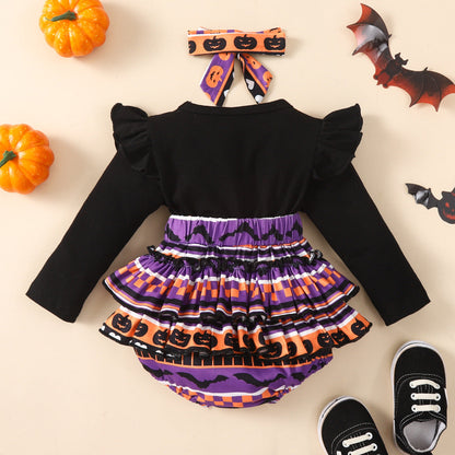 Baby Girls Striped Cartoon Print Halloween Rompers