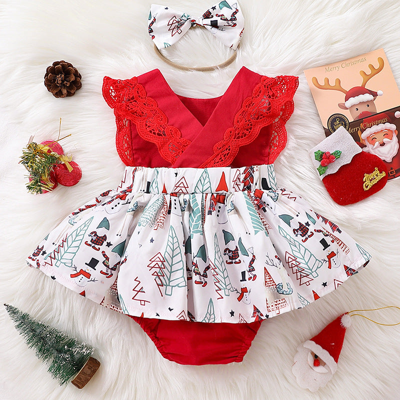 Baby Girls Cartoon Lace Print Christmas Rompers Accessories Headwear Wholesale 221220218