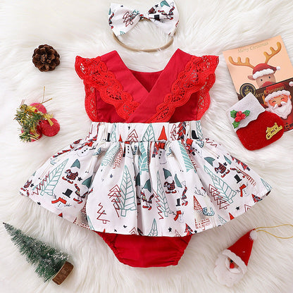 Baby Girls Cartoon Lace Print Christmas Rompers Accessories Headwear Wholesale 221220218
