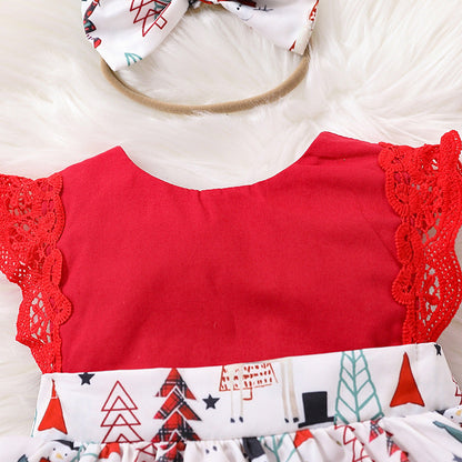Baby Girls Cartoon Lace Print Christmas Rompers Accessories Headwear Wholesale 221220218