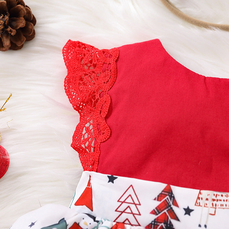 Baby Girls Cartoon Lace Print Christmas Rompers Accessories Headwear Wholesale 221220218