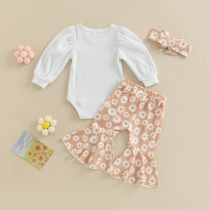 3 Pieces Set Baby Girls Flower Print Pants And Bow Headwear