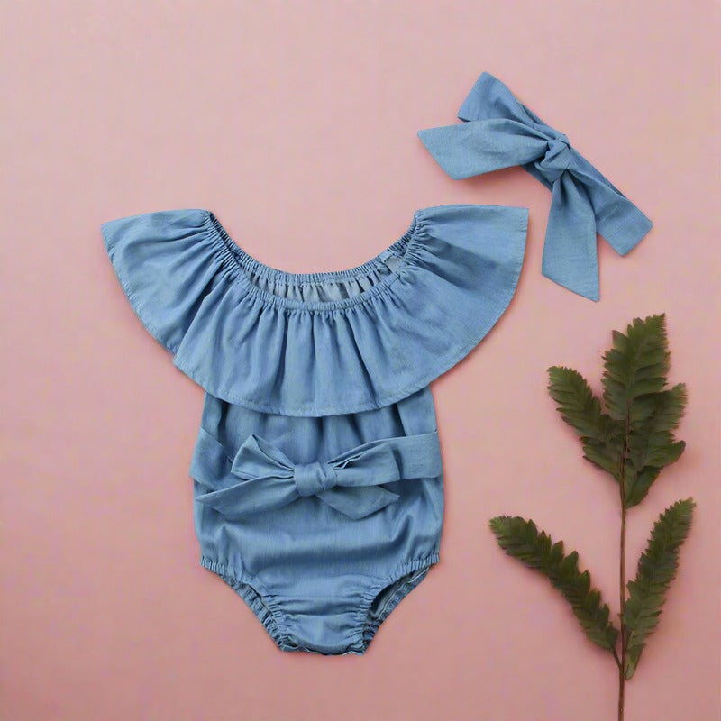 Baby Girls Solid Color Rompers And Headwear