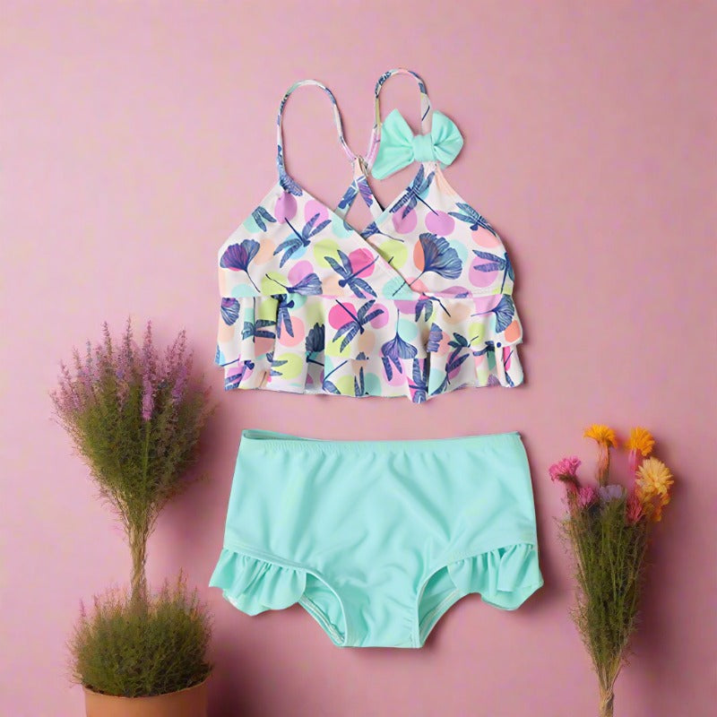 Split Girls Dragonfly Dot Print Swimwear