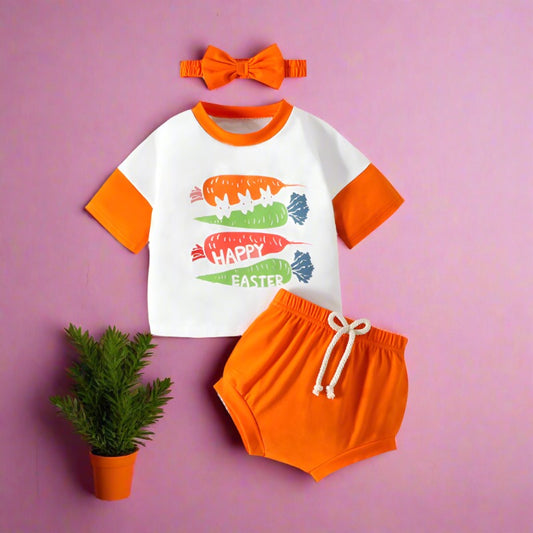 3 Pieces Set Baby Girls T-Shirts Solid Color Shorts Bow Headwear