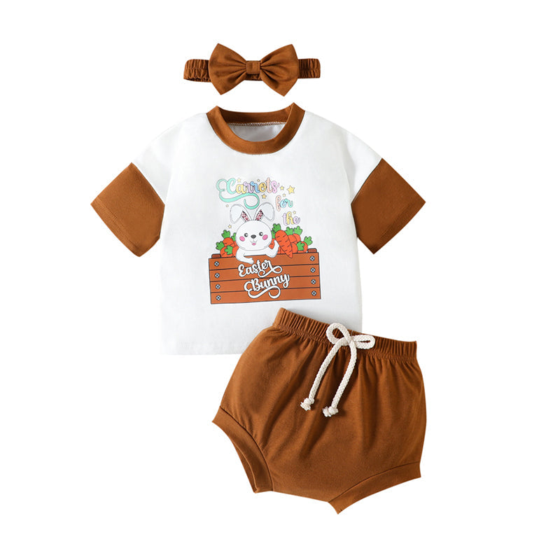 3 Pieces Set Baby Girls T-Shirts Solid Color Shorts Bow Headwear