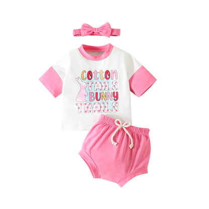 3 Pieces Set Baby Girls T-Shirts Solid Color Shorts Bow Headwear