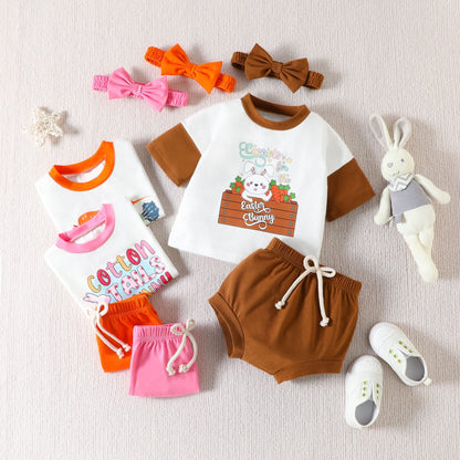 3 Pieces Set Baby Girls T-Shirts Solid Color Shorts Bow Headwear