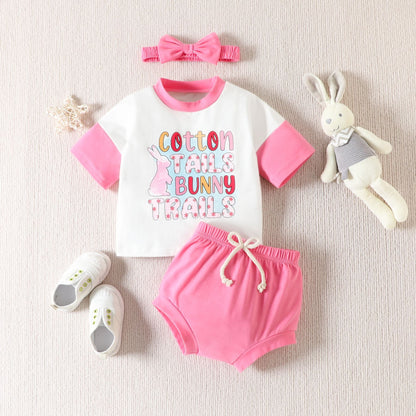 3 Pieces Set Baby Girls T-Shirts Solid Color Shorts Bow Headwear