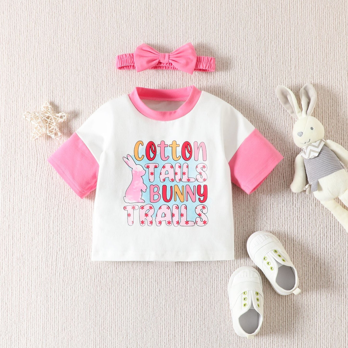 3 Pieces Set Baby Girls T-Shirts Solid Color Shorts Bow Headwear