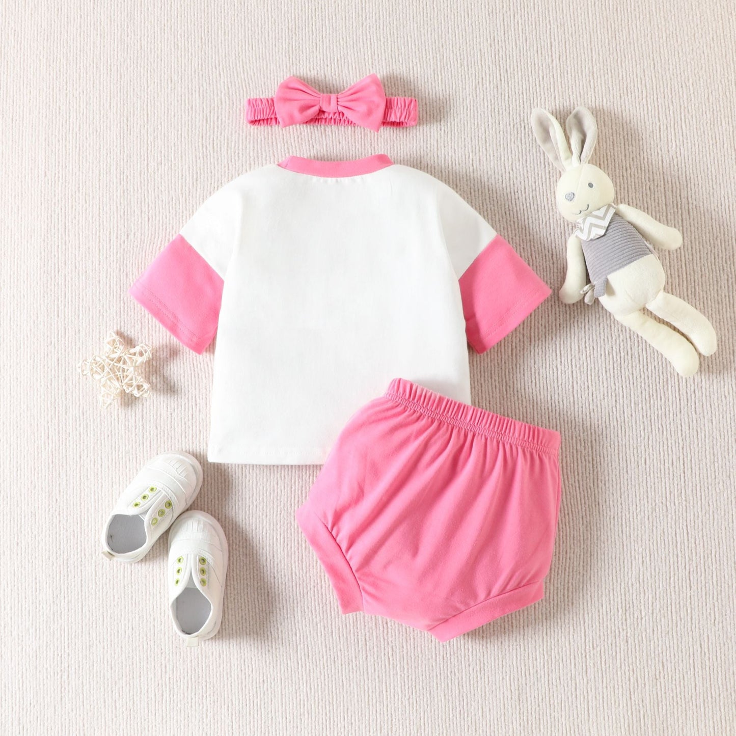 3 Pieces Set Baby Girls T-Shirts Solid Color Shorts Bow Headwear