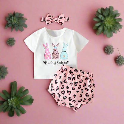 3 Pieces Set Baby Girls T-Shirts Polka dots Shorts And Bow Headwear