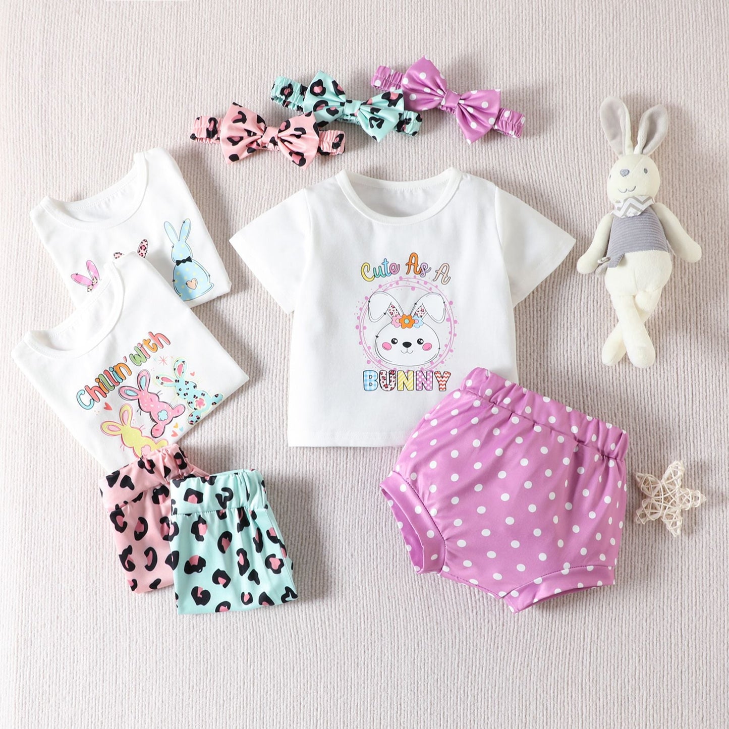 3 Pieces Set Baby Girls T-Shirts Polka dots Shorts And Bow Headwear
