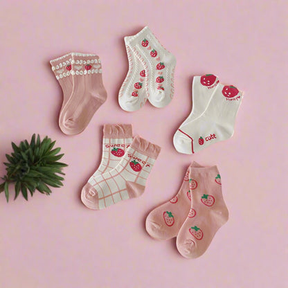 5 Pairs Girls Letters Fruit Checked Accessories Socks