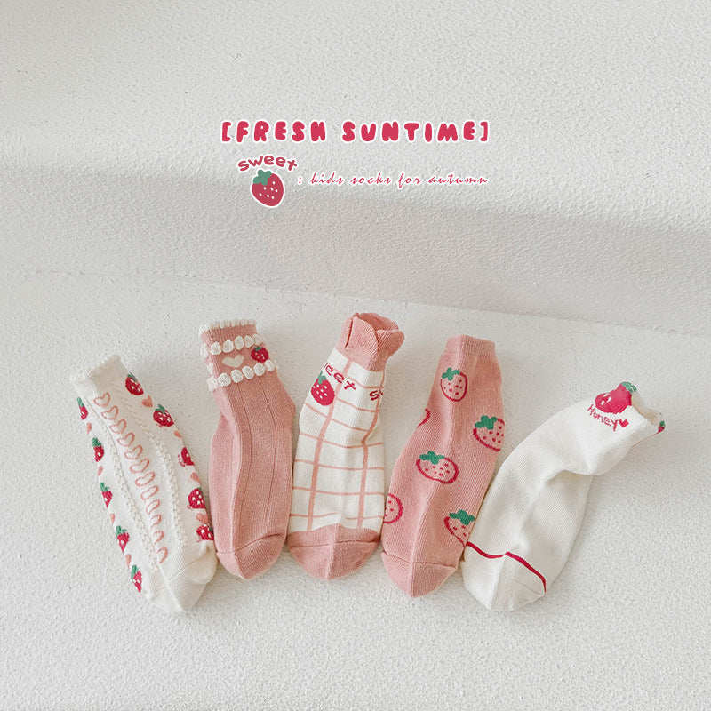 5 Pairs Girls Letters Fruit Checked Accessories Socks