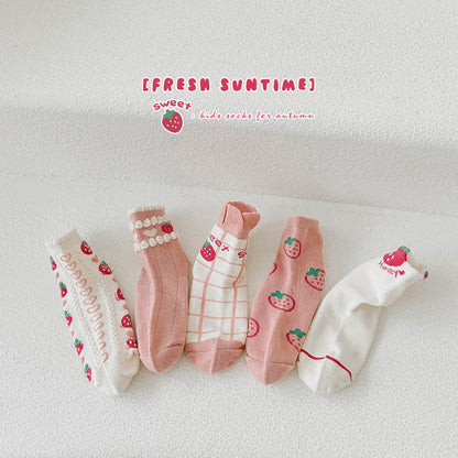 5 Pairs Girls Letters Fruit Checked Accessories Socks