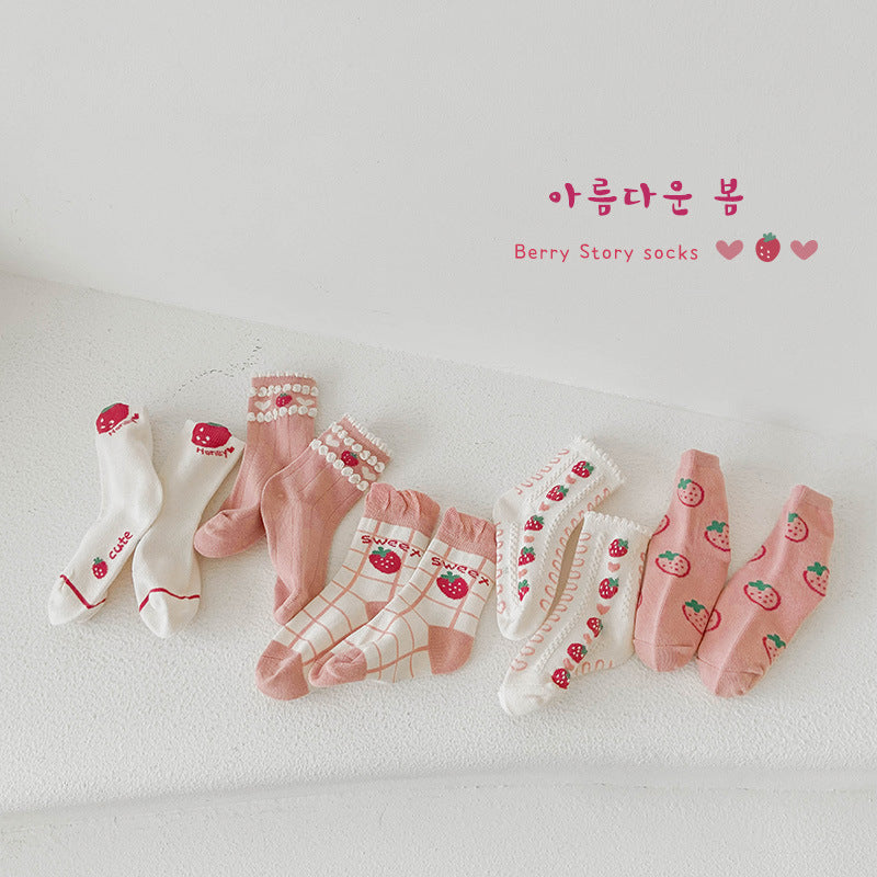 5 Pairs Girls Letters Fruit Checked Accessories Socks