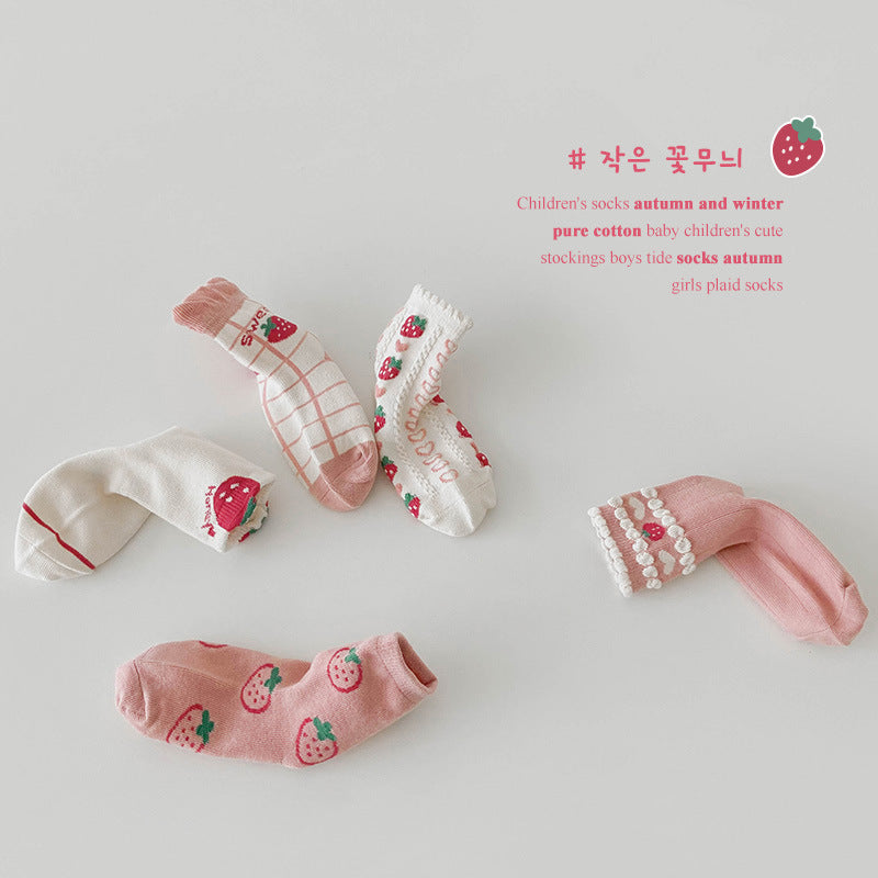 5 Pairs Girls Letters Fruit Checked Accessories Socks