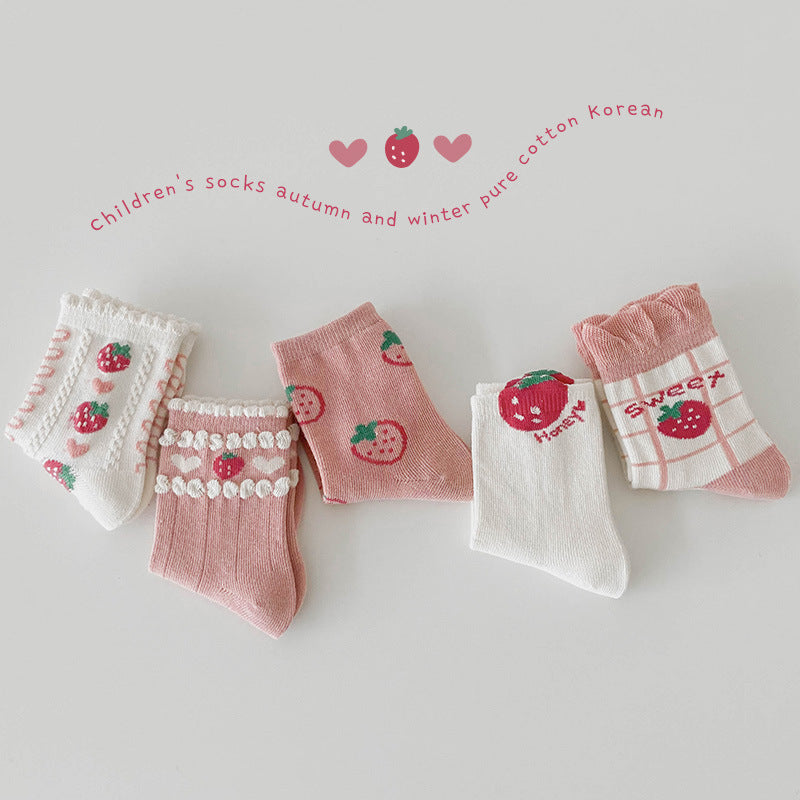5 Pairs Girls Letters Fruit Checked Accessories Socks
