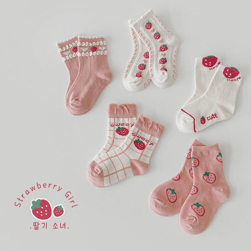 5 Pairs Girls Letters Fruit Checked Accessories Socks