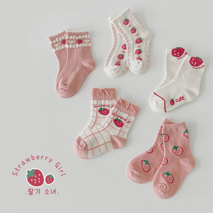 5 Pairs Girls Letters Fruit Checked Accessories Socks