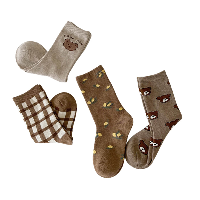 4 Pairs Girls Checked Cartoon Accessories Socks