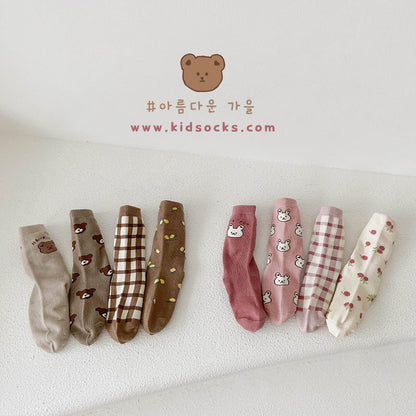 4 Pairs Girls Checked Cartoon Accessories Socks